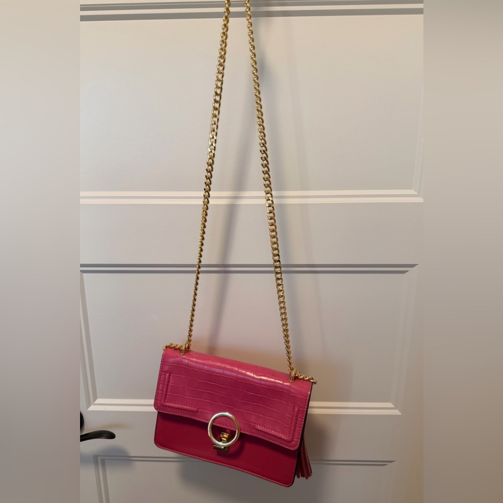 Aldo Fuchsia Croc-Embossed Crossbody Bag with Gold Chain